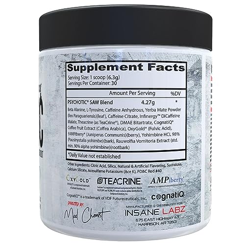 Image of Insane Labz Psychotic Saw, High Stim Pre Workout Powder with OxyGold­ and AMPiberry,Extreme Lasting Energy with Teacrine,Focus with CognitIQ and Endurance (30 Servings, Fruit Punch)