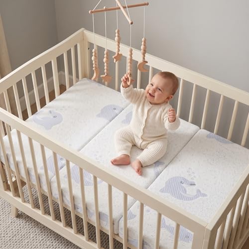 Image of 38 inch x 26 inch Dual-Sided Memory Foam Tri-Fold Pack and Play Mattress - Breathable, Removable Cover & Carry Bag Included
