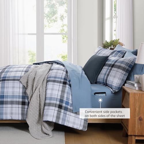 Image of MaiReve Full Size Plaid Comforter Set Lake Blue, Classic 7 Pieces Farmhouse Bedding Set, All Season Lightweight Bed in A Bag with Sheets, Pillowcases & Shams