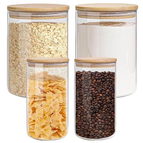 EQEY Glass Storage Jars Set Elegant Containers with Airtight Bamboo Lids, Perfect for Kitchen Organization - Flour, Rice, Pasta, Sugar, Coffee Beans (2 packs(37oz) / 2 packs(111oz))