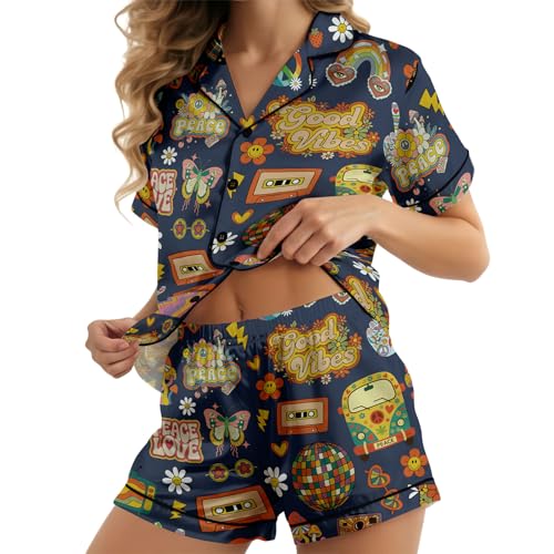 Image of Women's satin pajamas set, Short-sleeve button down Loungewear