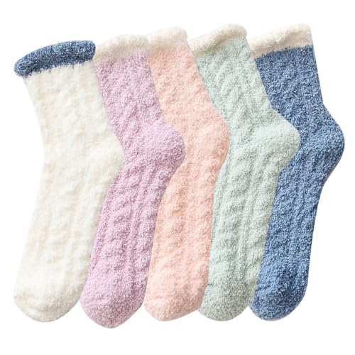 Image of Women's Fuzzy Socks 5 Pair Pack - Fluffy Cozy Warm Winter Slippers, Comfy Cabin Plush Sleep Home Soft Socks