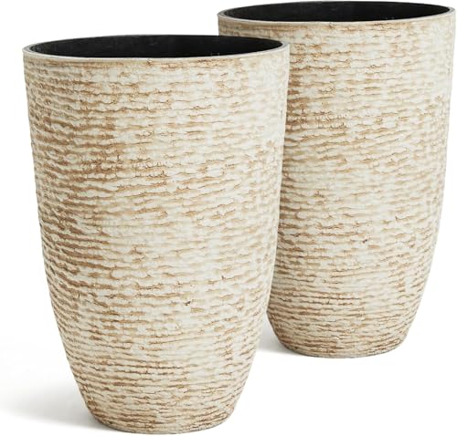 KOL Plant Pots Set of 2, Large 52CM Tall Planter, Pot Plant for Indoor Outdoor Garden, Stone Finish Round Decorative Flower Pots, Floor Planter with Drainage Hole & Plug, Beige