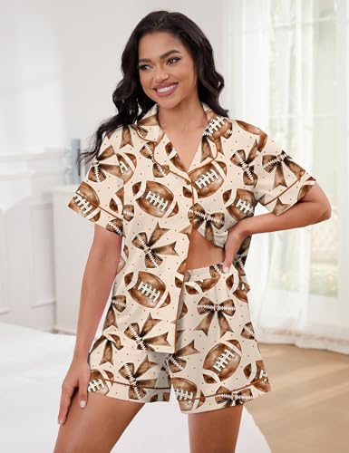 Image of SHESHOW Pajamas for Women Set Satin Button Down Short Sleeve Top and Shorts Pjs Sets Sport Ball Print Sleepwear XS-XXL