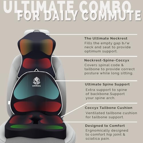 Image of MRRON Memory Foam Posture Corrector Car Seat Cushions Combo | Orthopedic Backrest, Coccyx Cushion & Neckrest | Ergonomic Lumbar Comfort Seat Cushion | Reduces Sciatica (Black, Spine Support)