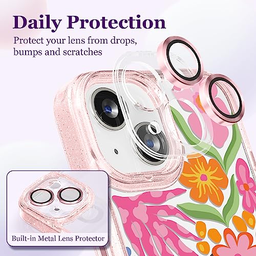 Image of Designed for iPhone 14 Case Pink Glitter Clear - Cute Bling Phone Case with Wrist Strap - Aesthetic Y2K Case for Woman, Girl 6.1 inch (Passion Flower)
