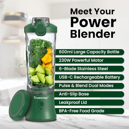 Image of BLITZ Portable Blender 600ml - ISI Approved | Made in India |Pulse & Blend Mode, 230W Motor, 6-Blade, Leakproof Lid - Mixer for Smoothies, Protein Shakes, Gym, Office (Olive Green)