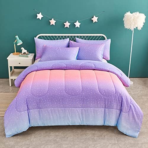 Yogeneg Pink Glitter Rainbow Kids Comforter Set Twin Size for Teen Girl Women, Metallic Printed Comforter with Pillowcase,Ultra Soft Microfiber 2 Piece Bedding Set,All Season (Rainbow A, Twin)