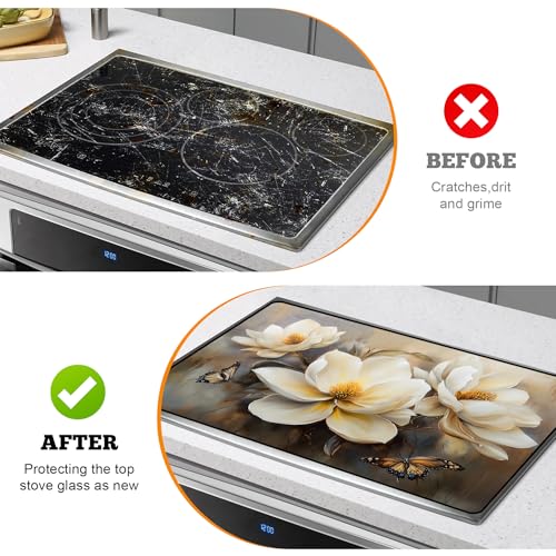 Image of Multi-Design Stove Top Cover for Glass /Electric Stoves - 3-in-1 Heat-Resistant Protector Mat, Non-Slip Drying Rack 28 inchx20 inch (Flower-Butterfly, 28 inch L x 20 inch W)