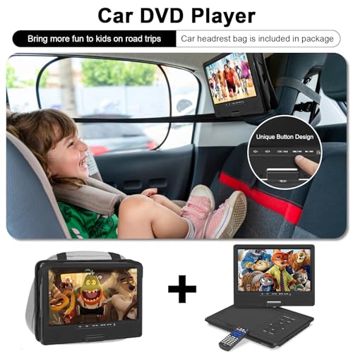 Image of HOPYOP 12.5 inch Portable DVD Player with Bluetooth, 10.1 inch Swivel Screen | 5 Hours Rechargeable Battery, Portable Kids DVD, Supports SD /USB /CD, Regions Free, Car Headrest