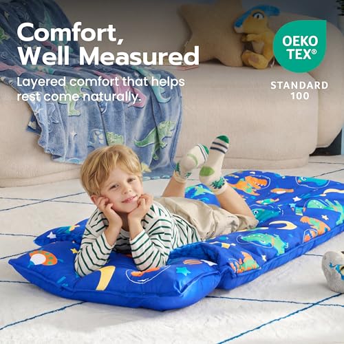 Image of JOIEDOMI Toddler Sleeping Bag for Kids 55''x30'' Nap Mat with Removable Pillow and Minky Blanket for Toddler Ages 3-7 Roll Up Soft Kids Sleeping Bag for Boys Girls Kindergarten Daycare Sleepover