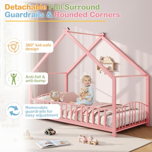 Image of Garvee Twin Size House Shape Bed Frame with Rail, Pink