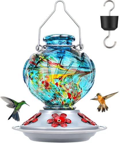 BOLITE Hummingbird Feeder Hand Blown Glass Hummingbird Feeders for Outdoors Hanging Ant Moat 5 Bee-Proof Ports Leak-Proof 360 Perch 22oz Blue Peony Gifts for Women Men Gifts for Mom Dad