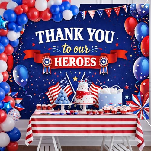 Image of BlissYard Thank You Heroes Backdrop 8x6ft 4th of July Patriotic Party Banner Veterans Appreciation Decorations Military Appreciation Decor Independence Day Celebration Patriotic Event Decoration