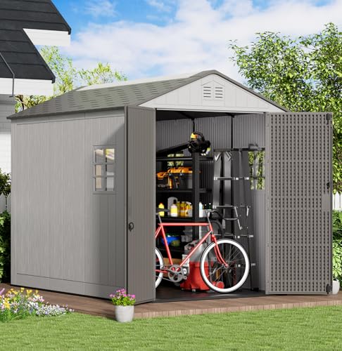 Image of KINYING 6x9 FT Outdoor Storage Shed with Floor,Resin Outdoor Garden Tool Shed with Windows,Lockable Weather Resistant Large Plastic Shed for Bike Storage,Lawn Mower,Pool Supplies