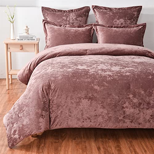 Fredsure Distressed Velvet Comforter Set, 5 Pieces Dusty Mauve King, Distressed Velvet Face And Brushed Microfiber Reverse #TOP1