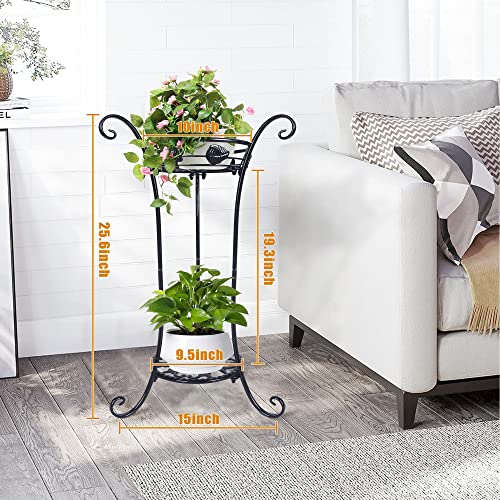 Amooson Plant Stand 2 Tier, Plant Stand Indoor Outdoor, 25.6'' Tall Modern Plant Shelf Metal Plant Stand Rack Black Flower Stand For Patio, Living Room & Garden (1 Pcs) #TOP2
