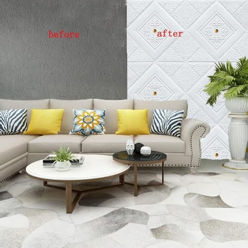 Image of 3D White Brick Wallpaper with Golden Tikdi Self Adhesive PE Foam Wall Sticker for Home Living Room Bedroom Kitchen Hotel DIY Wall Decor ((25, White with Goldan Round Wallpaper)