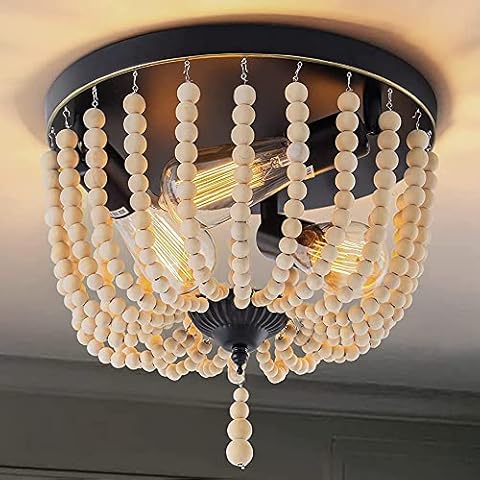 Neechicx Farmhouse Wood Beaded Flush Mount Ceiling Light,3-Light Boho Wooden Bead Chandelier Vintage Lighting Fixtures for Entryway, Hallway, Foyer, Bedroom, Black Finish with Golden Edge Painting Cover