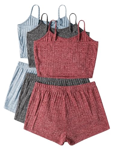 Image of Ekouaer 3 Sets for Women Ribbed Pajamas Crop Cami Top and Shorts Pjs Casual Sleeveless Button Lounge Set Sleepwear