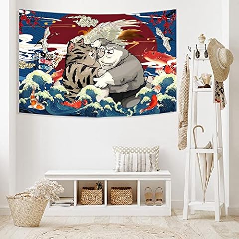 TPMDFC Japanese Cat Tiger Double-Sided Tapestry Samurai Cute Funny Kitty Animal Japanese Waves Sumo Cat Plum Blossom Dragon Whale Wall Hanging 40x30In For Bedroom Living Room Polyester SGTRLTP67 Cover