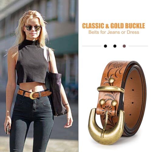 Women Leather Belt for Jeans Pants Western Cowboy Cowgirl Belt Embossed Floral Country Belts with Gold Buckle2