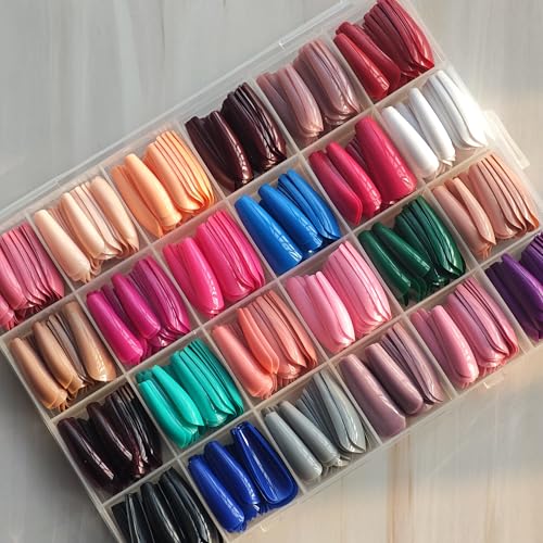 Image of 24 Colors Press on Nails Long Coffin Fake Nails Pure Color Glossy Full Cover Solid Color Stick on Nail for Women Manicure 576Pcs