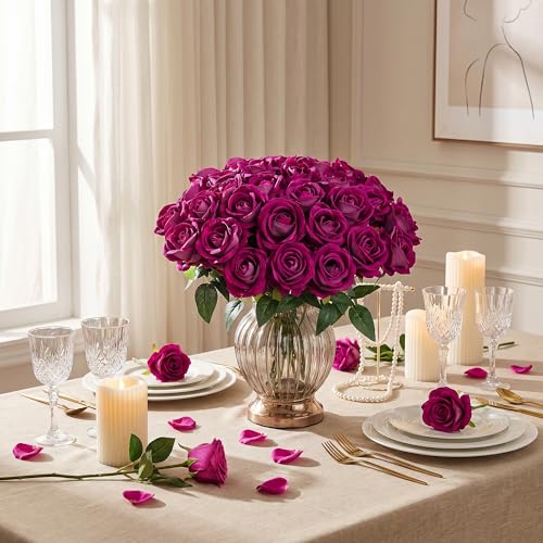 Image of INSPRING 50 PCS Magenta Roses Artificial Flowers with Long Stems | Real Looking, Fake Roses, Silk Flowers, DIY Bouquet, Wedding Party Celebration Home Bridal Decoration Gift, for Her Wife