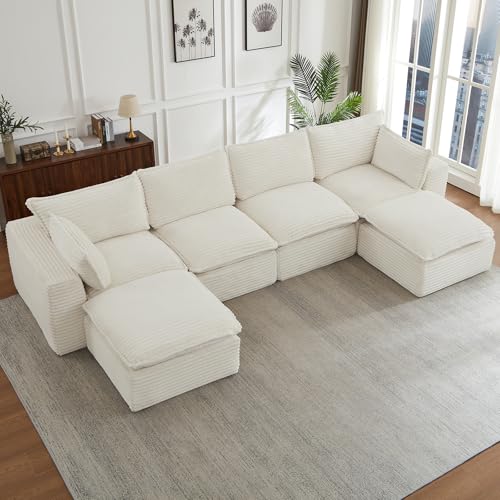 Image of 140 inch Luxury Boneless Couch, 6 Piece Modular Sectional Sofa - Oversized Cloud Couch with 2 Ottomans, Extra Thick Double-Layer Seat Corduroy Fabric, Modern Foam Sofa for Living Room