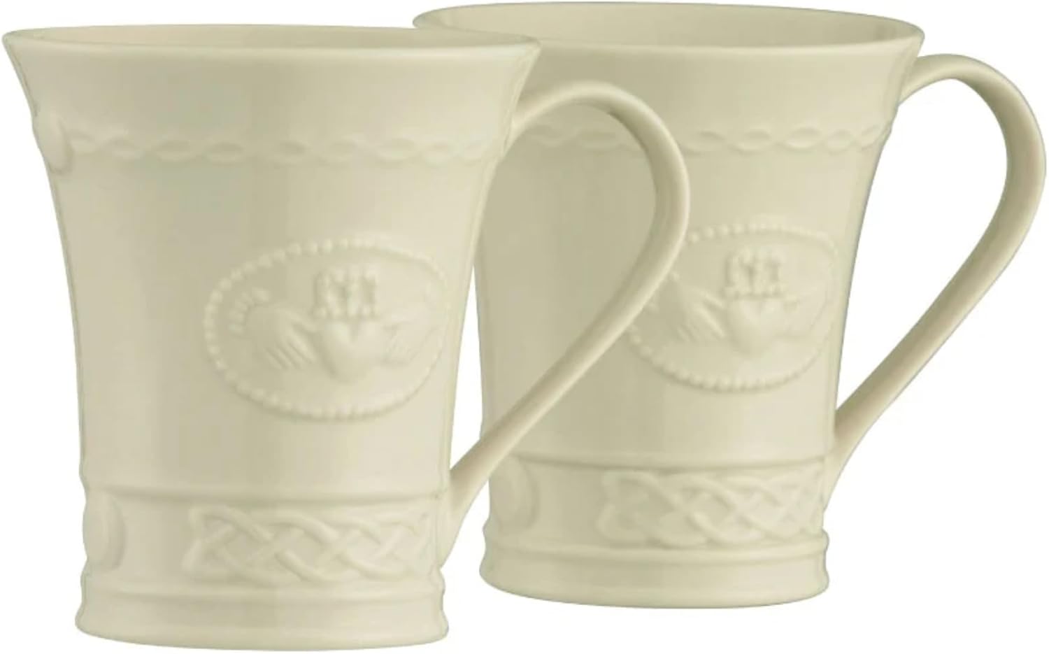 Belleek Claddagh Irish Coffee Mugs Set of 2 - Handcrafted Ceramic Cups - Fine Parian China, White, 4.8"W x 4"H, 10oz