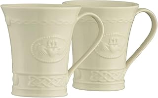 Belleek Claddagh Irish Coffee Mugs Set of 2 - Handcrafted Ceramic Cups - Fine Parian China, White, 4.8"W x 4"H, 10oz