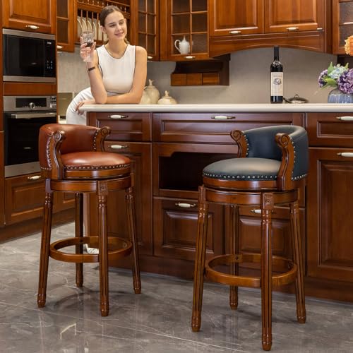 Image of Cow top Leather Wooden Bar Stools, 29.5 inch Bar Height Bar Chair with Back, 180 Degrees Swivel Barstools Chair for Home Kitchen Counter,Dining Room (Brown 2pcs, Bar Height-Seat Height 29.5 inch)