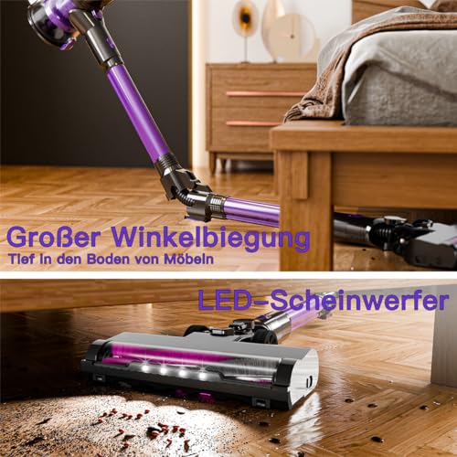 Akku Staubsauger, 28KPa Staubsauger Kabellos, Akkustaubsauger Selbstladender mit LED Display/Anti-Tangle-Bürste/wechselbarer Akku, Stabstaubsauger für Hartböden Teppiche Tierhaare (Lila) – Bild 6