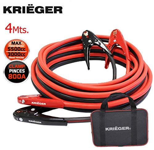 K KRIËGER Cables de Arranque Krieger, 4 Metros, Pinzas de 800Amp, 35mmu00b2, Ideal para Bateria de Coches, Motocicletas, Camiones Gasolina/Diesel u0096 Incluye Bolsa de Almacenamiento