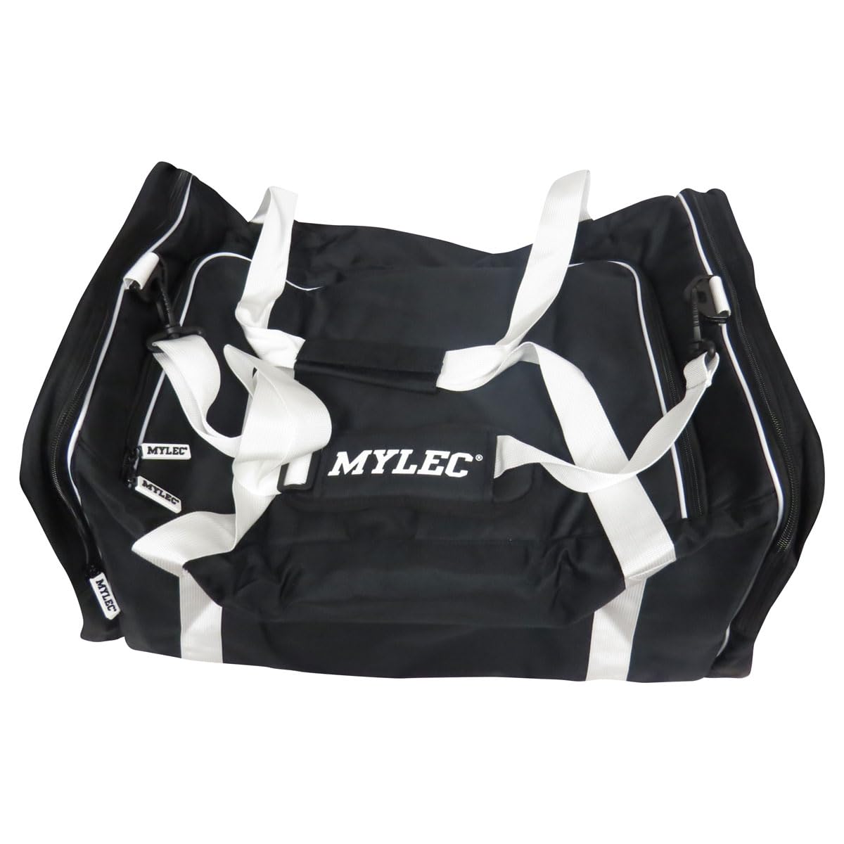 Mylec Sports Duffle Bag, Big Middle Pocket, Side Pockets, Adjustable Shoulder Strap and Reinforced Rubber Zippers (Black/White)