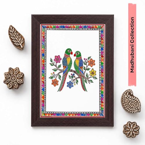 Image of PAPER PAJAMA Madhubani Love Birds Wall Art for Living Room | Parrot Couple Folk Art Painting | Traditional Mithila Framed Decor for Home, Bedroom & Office (10x13 Inches)