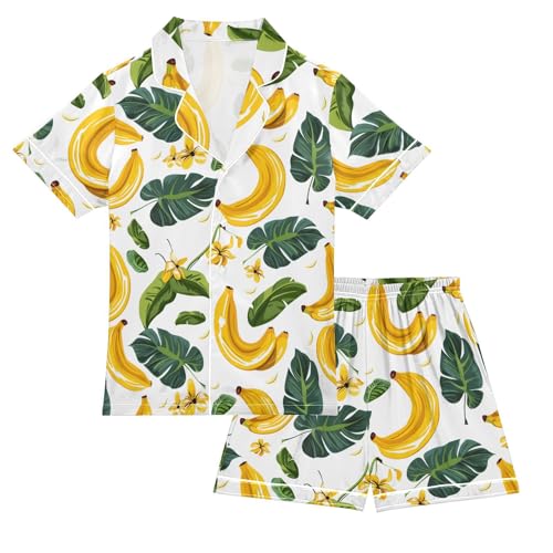ALAZA Banana White Palm Leaves Satin Pajamas Set Short Sleeve Button Down Sleepwear Summer Pjs 2 Piece