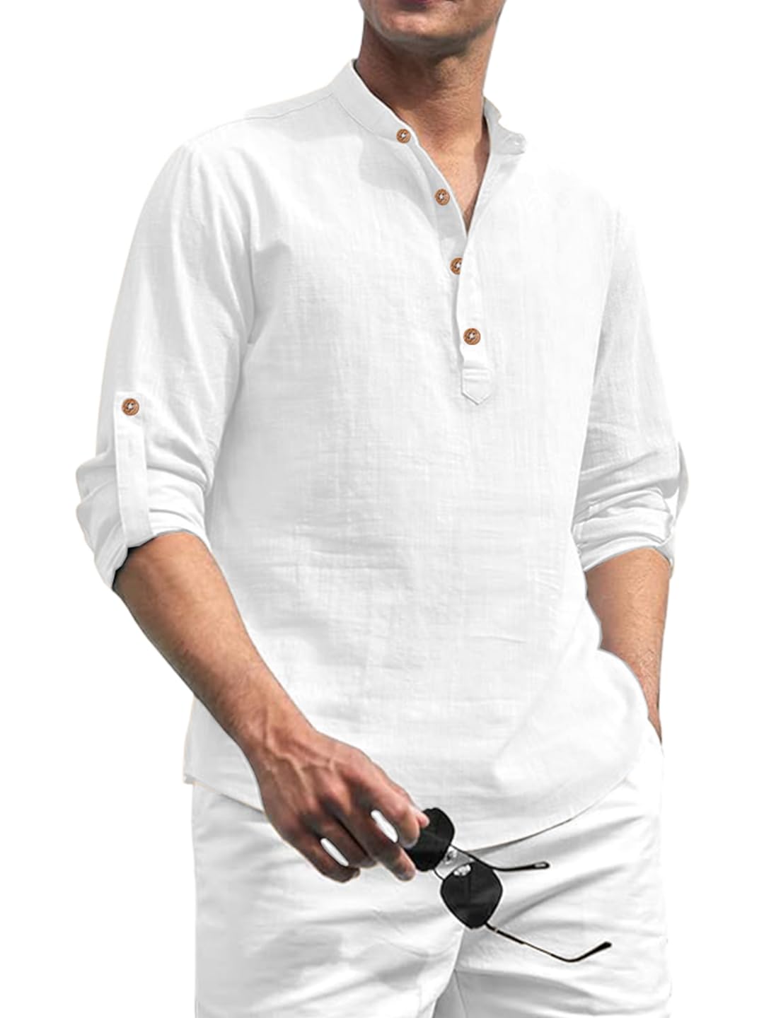 Cotton Blend Solid Casual Slim Fit Mandarin/Chinese Collor Short Kurta for Men (KRTBTN41)-picture-25