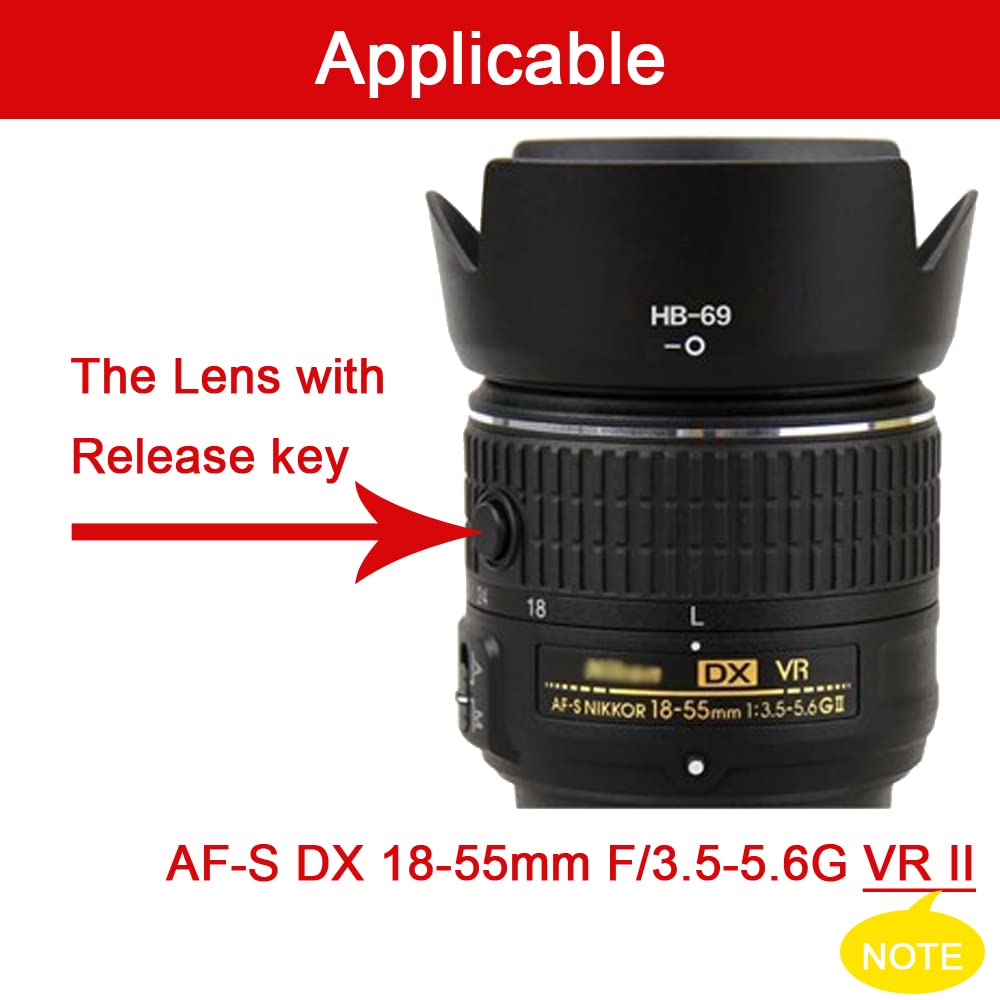 Image secondaire de FANZR Pare-soleil HB-69 et bouchon d'objectif 52 mm compatible avec Nikon D5300 D5200 D3200 kit AF-S DX 18-55 mm F/3.5-5.6G VR I