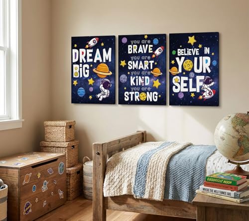 Image of 3Pcs Inspirational Space Astronaut Kids Canvas Wall Art, Inspirational Quotes Painting Picture Wall Decor, Boys Positive Affirmative Poster Print Artwork for Playroom, Classroom, 16x24in