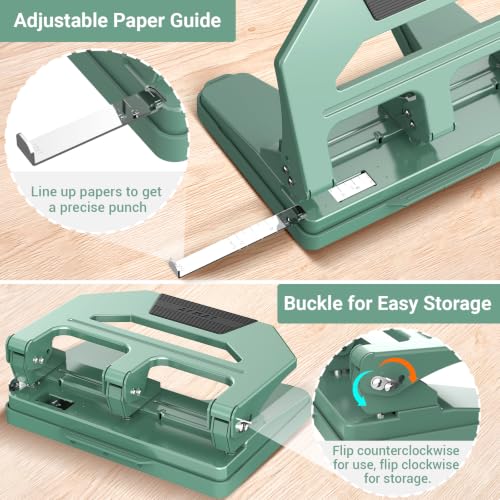 Image of AFMAT Heavy Duty 3 Hole Puncher, 50-Sheet Paper Punch Heavy Duty, 50% Reduced Effort Three Hole Punch, 10K+ Uses, Metal Hole Puncher 3 Ring w /Large Tray, Bulit-in S.S. Paper Guide HPX4(Green)