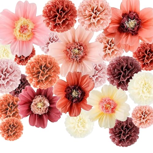 TREABEAR 24 Pièces Papier de Soie Rose Decoration Bapteme Fille, Decoration Mariage Champetre Fleurs Papier, Papier Crepon Pompons Mariage Decoration, Papier...