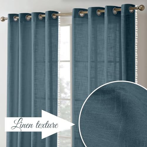 Image of THE LINEN COMPANY Cotton Sheer Grommet Curtains with Side Border Pompom Sheer Curtain for Long Door Linen Textured, Light Filtering, Pack of 2 (Navy Blue, 8 Feet)
