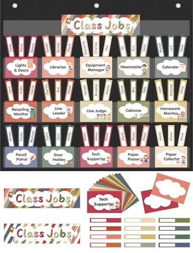 Jercecy Classroom Jobs Pocket Chart with 16 Pockets and 76 Cards, Student Job Chart for Elementary, Teacher Essentials Supplies (Boho Black)