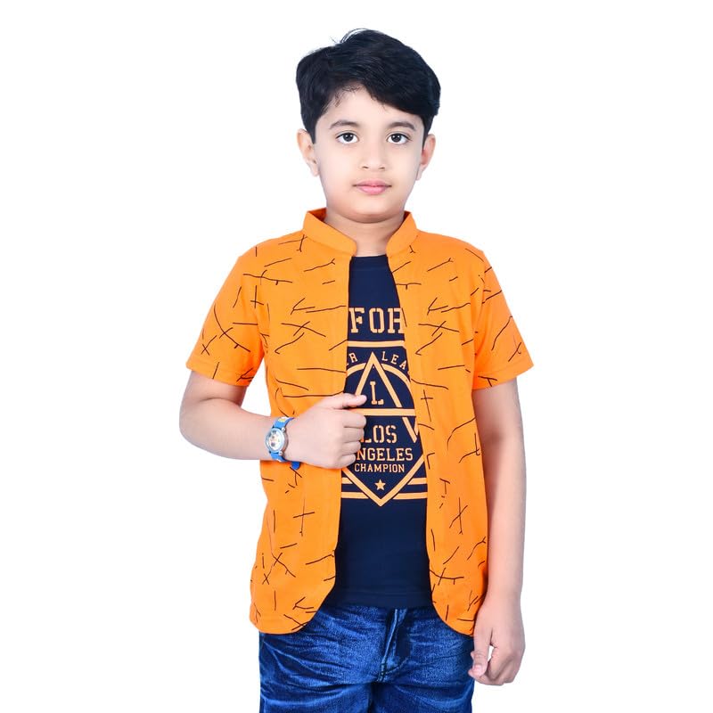 Image of Jam & Sugar Boys Cotton Printed T-Shirt with Attached Shrug Jacket - Half Sleeves