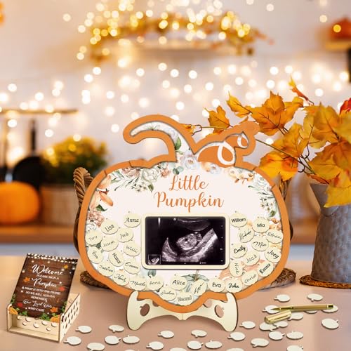 Image of Wenqik 63 Pcs Little Pumpkin Baby Shower Guest Book Alternatives Set Baby Shower Decorations with Photo Frame Sonogram Frame Keepsake 60 Wood Slices Guest Book for Birthday