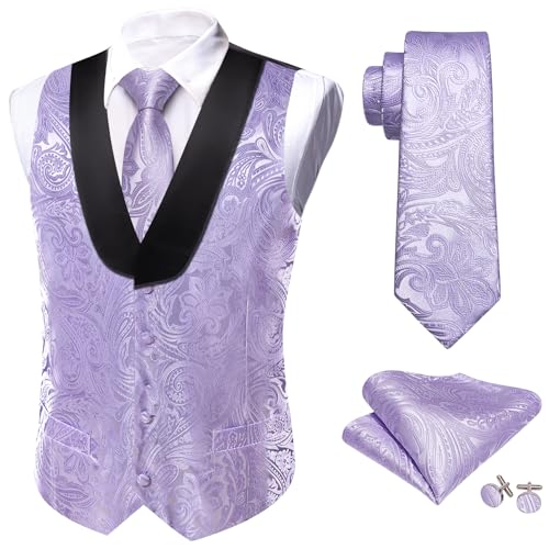Image of Barry.Wang Mens Silk Lapel /Shawl Collar Vest Tie Sleeve Holder Set Formal /Casual Paisley Vests Wedding Tuxedo Waistcoat
