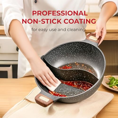 Image of Rosewill 4.2QT Double Flavor Non-Sticking Shabu Shabu Hot Pot with Divider, 13 inch Divided Stockpot for Cooking, Hot Pot for Induction Cooktop & Gas Stove, Electric Burner - Dark Gray