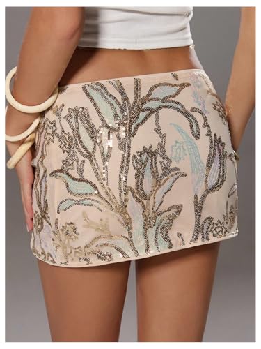 GORGLITTER Women's Sequin Skirt Y2k Mesh Glitter Sparkly Low Rise Club Party Bodycon Mini Skirt2