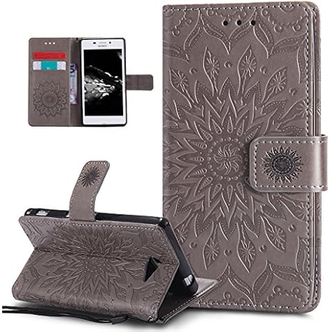 Sony Xperia M2 Case,Sony Xperia M2 Cover,ikasus Embossing Mandala Flowers Sunflower PU Leather Magnetic Flip Folio Kickstand Wallet Case with Card Slots Protective Case Cover for Sony Xperia M2,Gray Cover